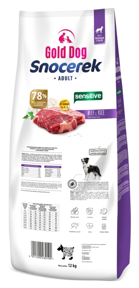 Karma dla psa Gold Dog Snocerek Sensitive Beef & Rice 12kg Medium end Large Breeds Wołowina , Ryż bez kurczaka