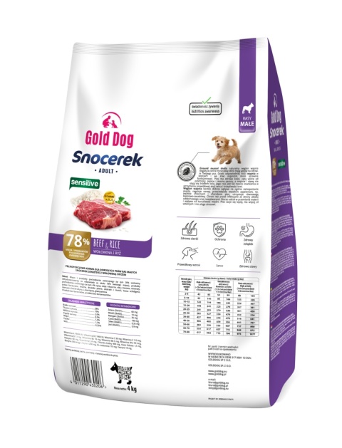Karma dla psa Gold Dog Snocerek Sensitive Beef & Rice Small Breeds 4kg wołowina , ryż bez kurczaka